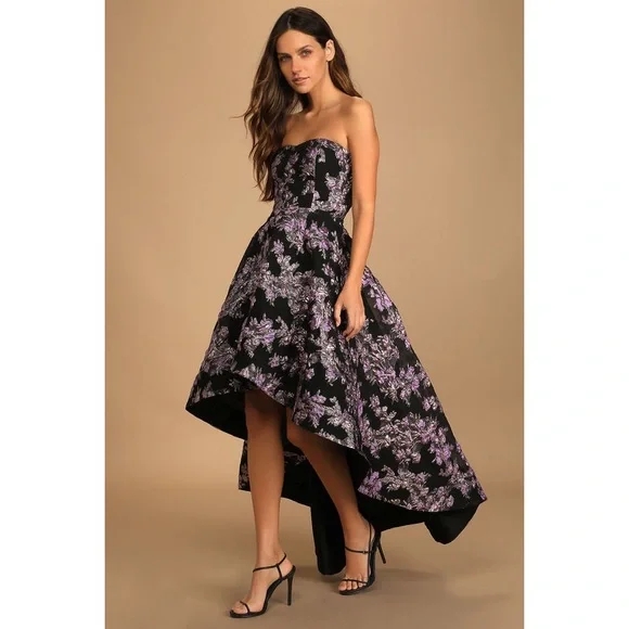 Lulus All Romance Black Floral Jacquard Strapless High-Low Gown Black/Lilac - XS - Picture 2 of 15